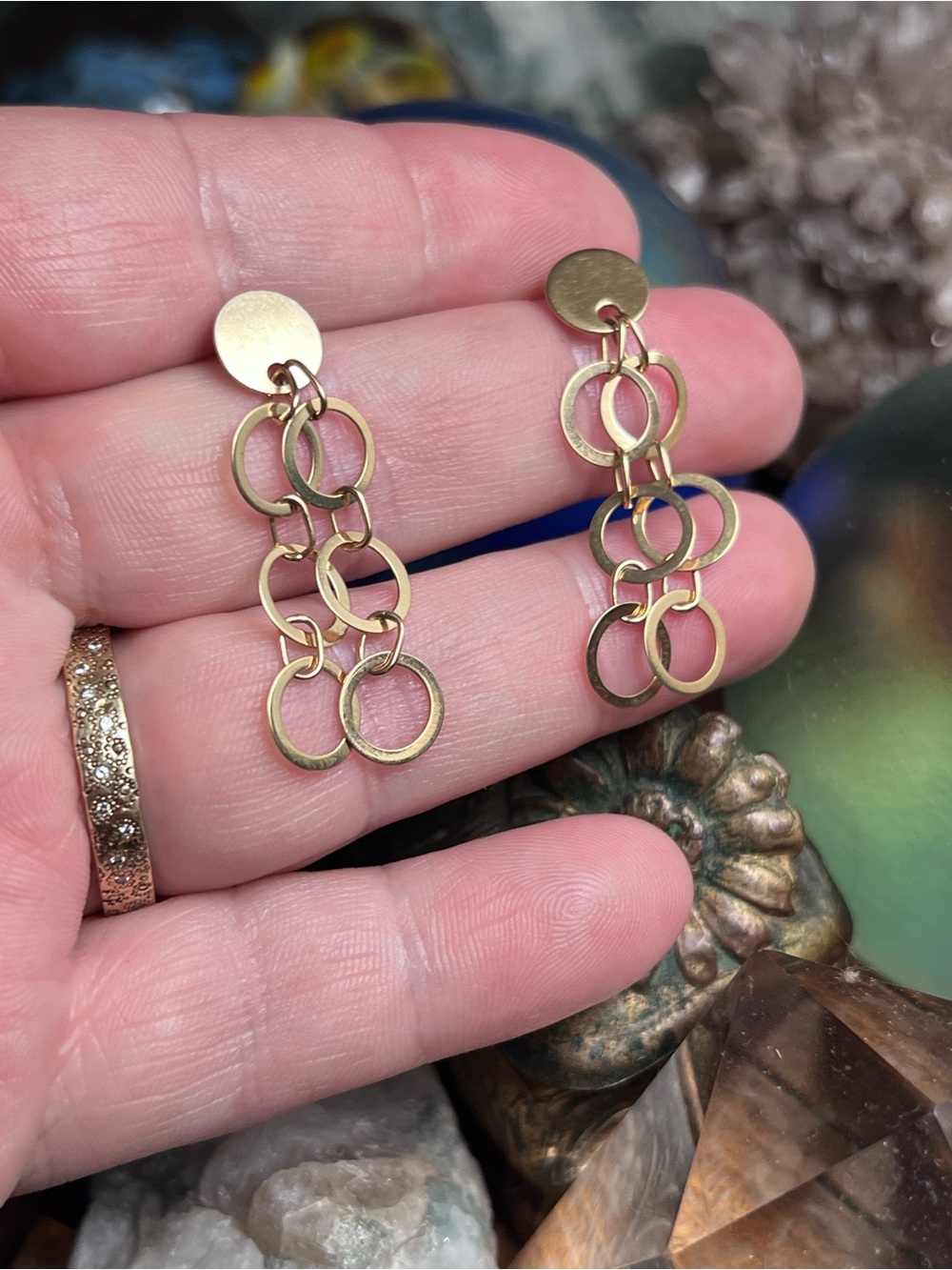14k gold designer circle link earrings